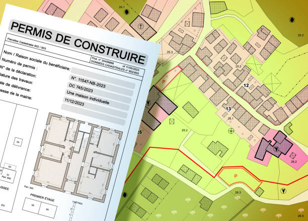 Building permit written in French - PERMIS DE CONSTRUIRE - Imaginary General Urban Plan with indications of urban destinations - Building activity and construction industry concept Building permit written in French - PERMIS DE CONSTRUIRE - Imaginary General Urban Plan with indications of urban destinations - Building activity and construction industry concept planning zoning stock illustrations