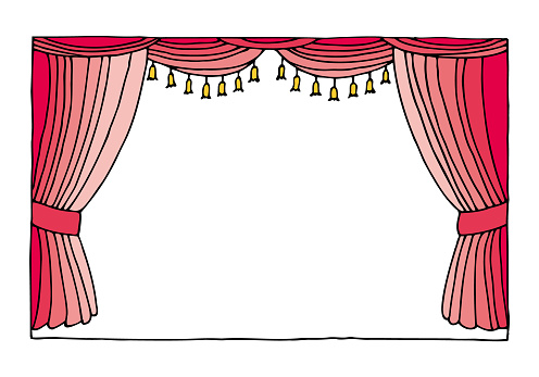 Luxury theatrical curtain with a copy space in the middle. Freehand drawing. Doodle. Hand Drawn. Outline.
