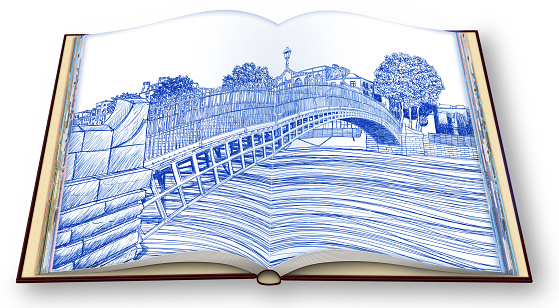 The most famous bridge in Dublin called Half penny bridge - freehand sketch concept image - 3D render of an opened photo book - I'm the copyright owner of the images used in this 3D render.
