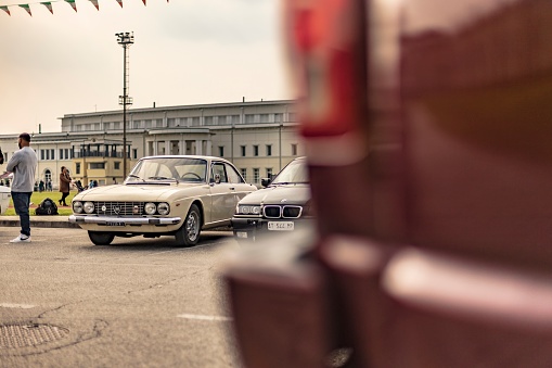 Vicenza, Italy 19 March 2024: Classic cars gathering at a historic automotive event, showcasing nostalgia and vintage charm.