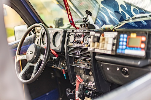Vicenza, Italy 19 March 2024: Interior view of a competitive racing car, showcasing advanced features and technology.