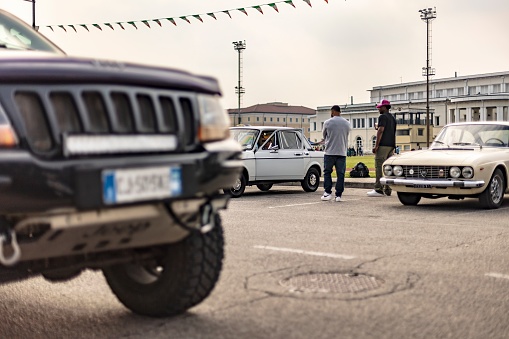 Vicenza, Italy 19 March 2024: Classic cars gathering at a historic automotive event, showcasing nostalgia and vintage charm.