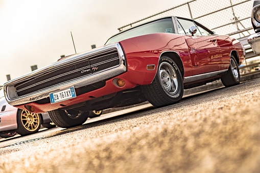Vicenza, Italy 19 March 2024: Close-up shot of a vintage Dodge Charger R/T showcased at a car meet.