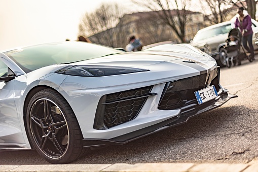 Vicenza, Italy 19 March 2024: A sleek new Corvette displayed at an automotive event, capturing attention.