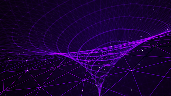 Abstract interstellar tunnel or portal. 3D wormhole of particles connected by lines. 4K illustration. Wireframe. 3d rendering.