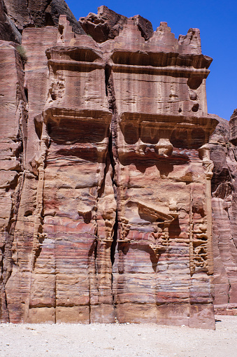 Jordan Petra. Petra is capital of Nabataean kingdom. Ruins of ancient temples carved into colored rocks on territory of Nabataean kingdom. Jordan's historical landmark of international significance.