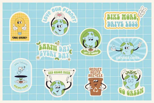 Vector illustration of Earth Day sticker set in trendy retro groovy style.