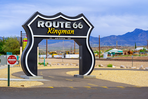 Kingman, Arizona, United States - September 23, 2023: Route 66 Neon Drive-Thru Sign