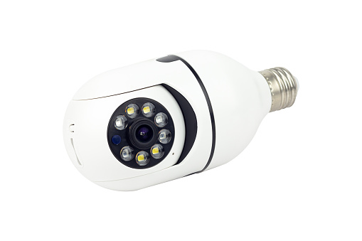 Outdoor CCTV camera in the form of a light bulb, isolated from the background
