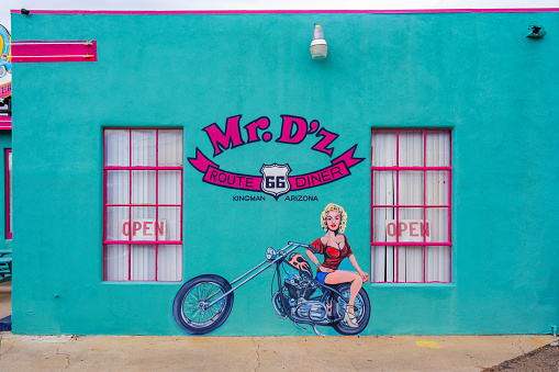Kingman, Arizona, United States - September 23, 2023: Route 66 Mr D'Z  colourful restaurant