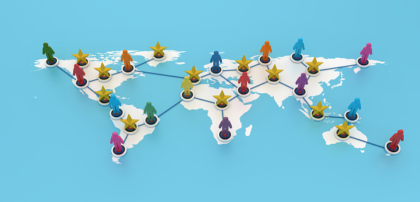 Pictogram People Teamwork with Stars on World Map - Color Background - 3D Rendering
