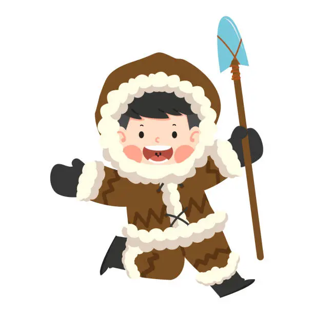 Vector illustration of Cartoon eskimo boy holding a spear