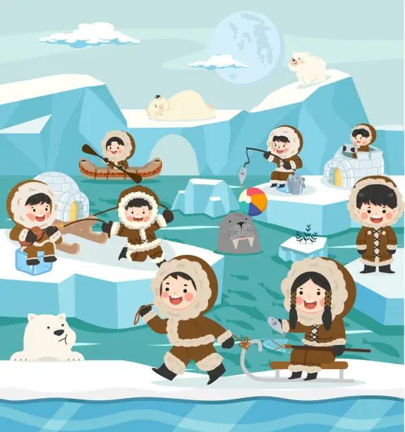 Vector illustration of Inuit eskimo adventure North pole Arctic