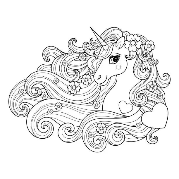 Vector illustration of Unicorn head. Black and white linear drawing. Vector