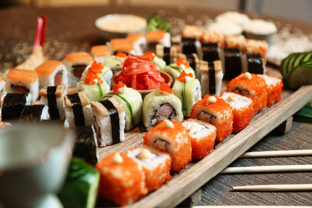 istock Assorted Sushi on Wooden Tray 2098885573