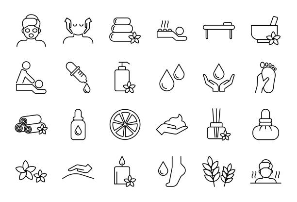 набор иконок для спа и массажа - эфирное масло stock illustrations
