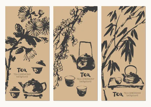 Vector illustration of Hand drawn ink sketch of teapot, cups, bamboo, plum blossom, tray, leaves, scoop traditional asian style