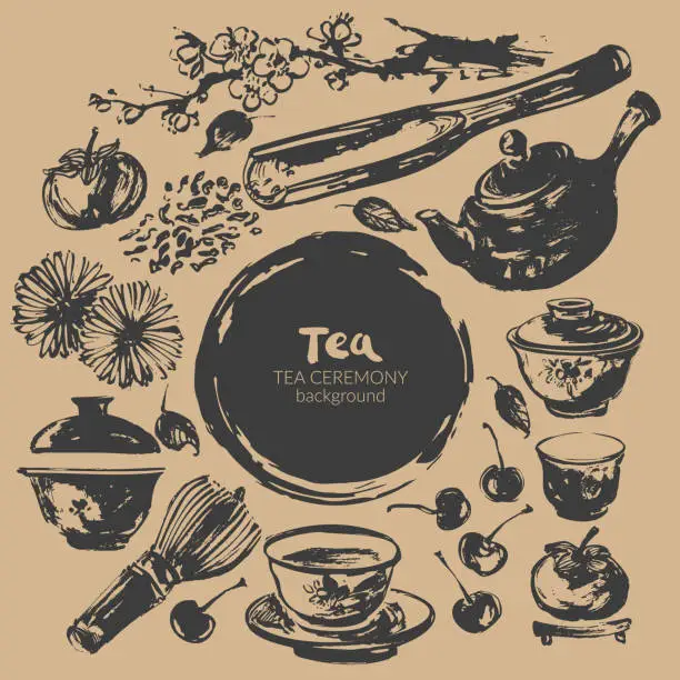 Vector illustration of Hand drawn ink sketch of teapot, cups, whisk, leaves, fruits, scoop traditional asian style.