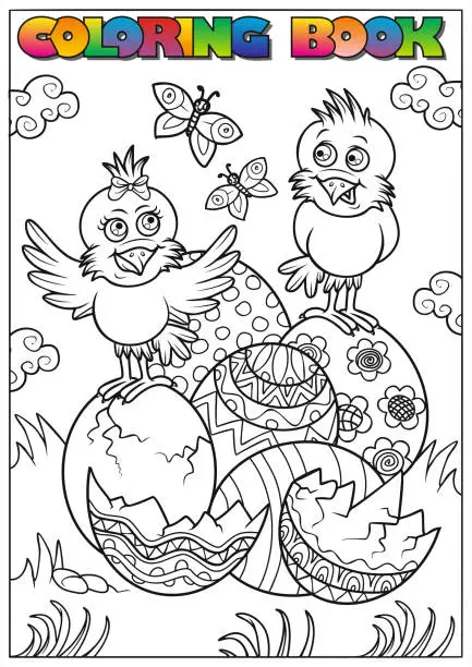 Vector illustration of Easter coloring book for children - chicks hatching from an egg