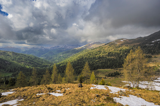 Nockberge nature reserve landscape during an overcast springtime day in Carinthia, Austria.