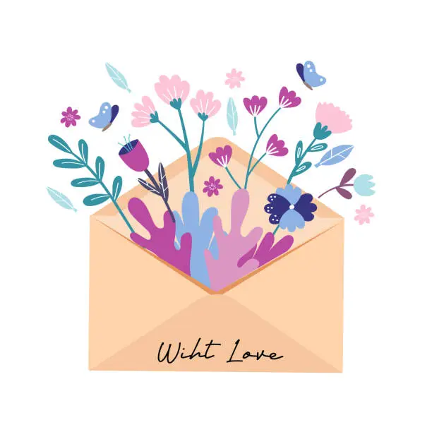 Vector illustration of Spring lilac and purple flowers in envelope. Romantic message with love.  Vector festive Spring greeting card.