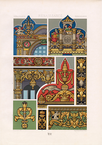 Here we have an original vintage print from the Auguste Racinet L'ornement Polycrome (1870) series. One of the finest collections of decorative arts from the 19th century, refered to for inspiration by many modern creators. Many interesting and useful design elements are waiting to be explored in this one piece! The purpose of the fantastic reproductions in L'Ornement polychrome were to inspire an improvement of the decorative arts of its time.