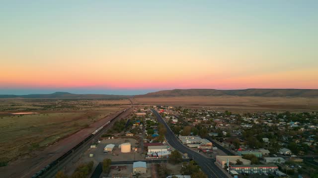 Seligman Town Along The Route 66 During Sunset In Arizona, United States. - aerial shot