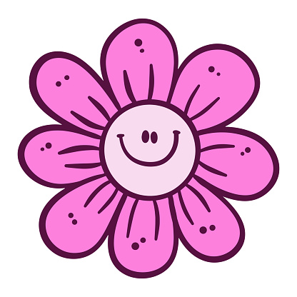 Funny pink daisy flower cartoon isolated on white