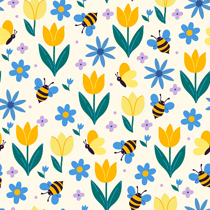 Seamless pattern with bees, butterflies and flowers. Vector image.