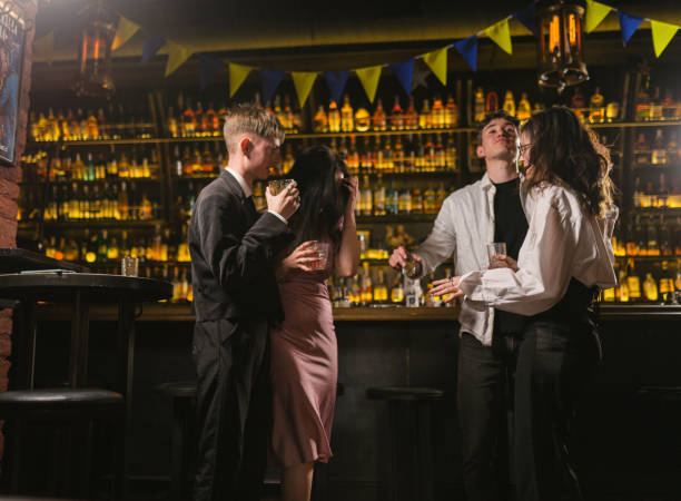 istock Romantic couples on double date in Ukrainian restaurant 2098978573