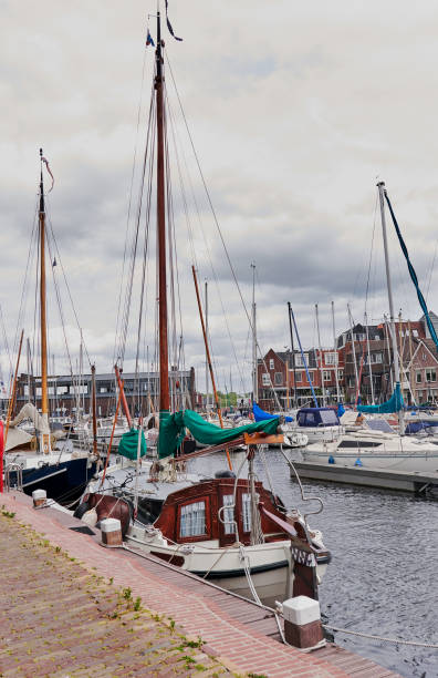 Parking for private boats in village Spakenburg. stock photo