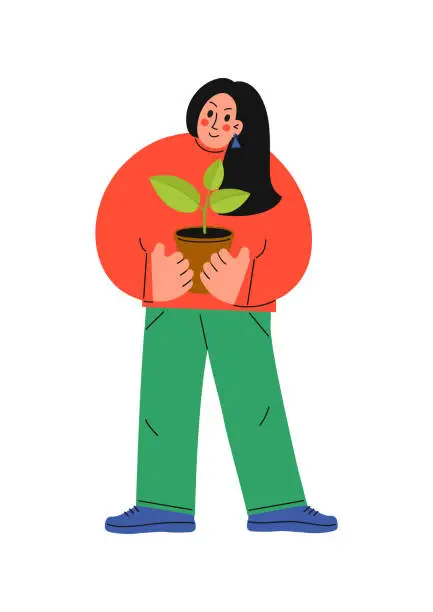 Vector illustration of Woman holding plant pot withs prout