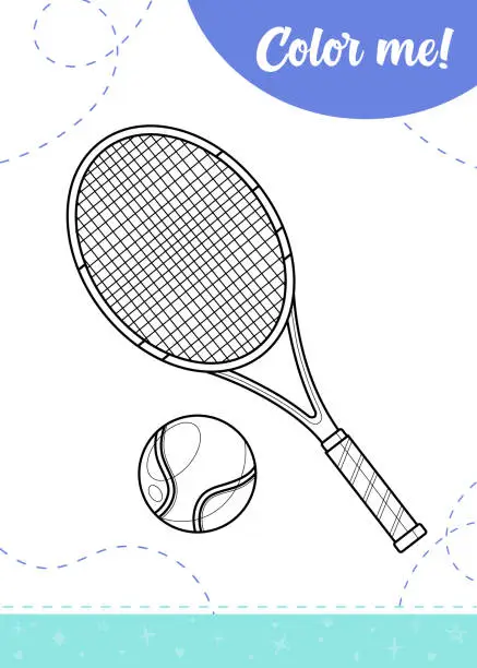 Vector illustration of Coloring page for kids with tennis racket and ball.