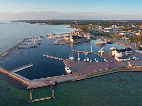 Aerial view of the harbor in Färjestaden on the Öland island, Sweden.
