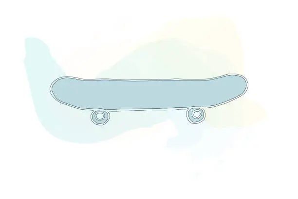 Vector illustration of Skateboard hand drawn on background of watercolor dynamic strokes. Sports doodle vector illustration of board riding item.