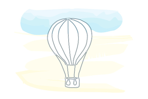 Hot air balloon with a basket flies in the blue sky. Abstract summer background on watercolor vector spot, hand drawn doodle illustration of summer vacation, relaxation and entertainment.
