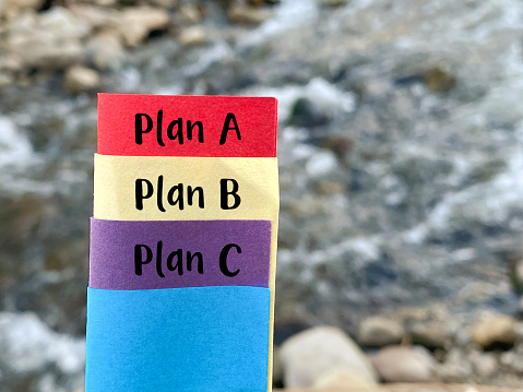 Inspirational Success Concept - Plan A plan B plan C on multiple color papers with nature background. Stock photo.