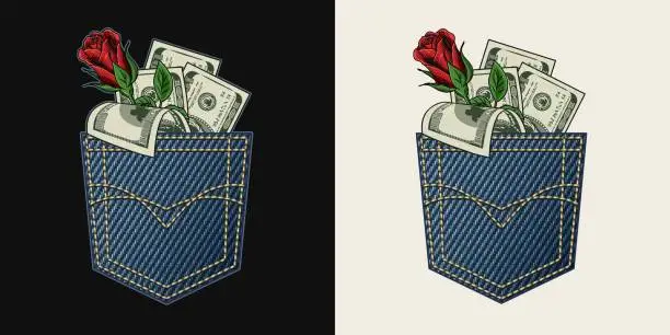 Vector illustration of Composition with denim pocket, dollar bills, rose