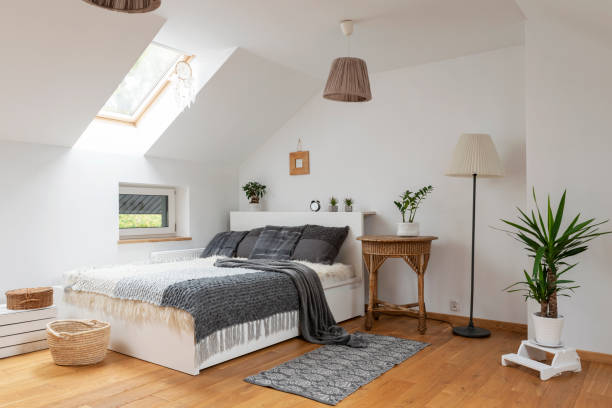 istock Home interior with Cosy bedroom in the attic in boho style with comfortable bed. 2099026952