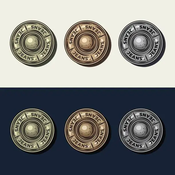 Vector illustration of Set of metallic buttons with word jeans