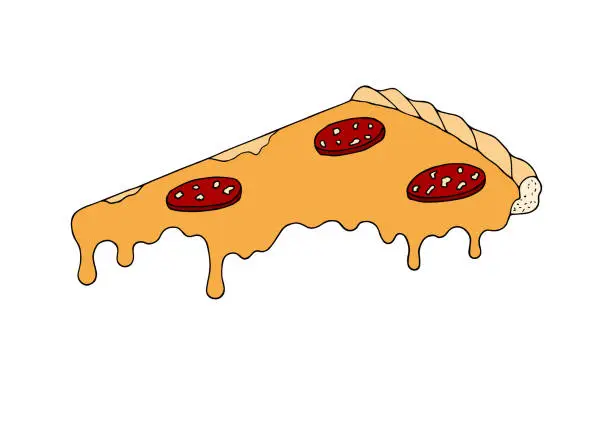 Vector illustration of A piece of pizza with sausage and cheese, melted cheese cheese flowing down. Hand Drawn. Freehand drawing. Doodle. Sketch. Outline.