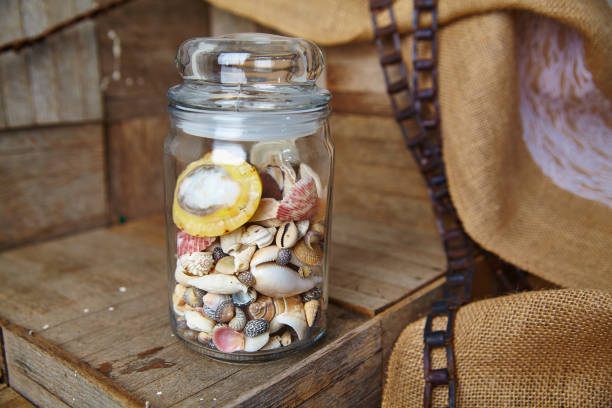istock Seashell Collection in Glass Jar on Rustic Wood with Burlap Background 2099036234