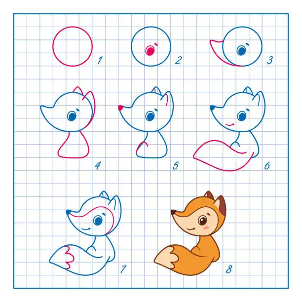 Vector illustration of How to Draw Fox, Step by Step Lesson for Kids cartoon vector illustration