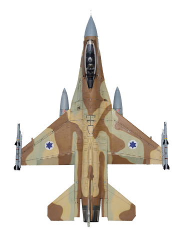 Top view of Israeli Air Force F-16C model with external wing fuel tanks and AIM-120 AMRAAM missiles on the wing tips.