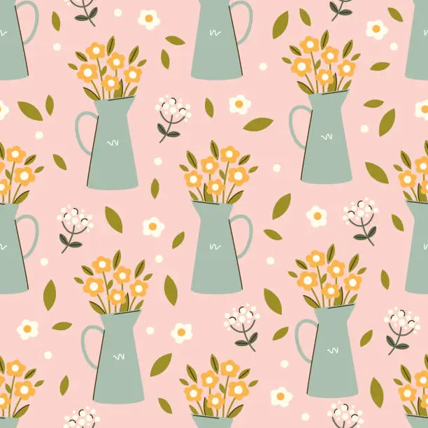 Vector illustration of Seamless vector pattern with abstract flowers in a jug. Hand drawn bouquet in flat style