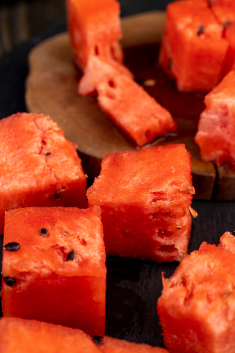 sliced ripe red watermelon, juicy and fresh pieces of red watermelon