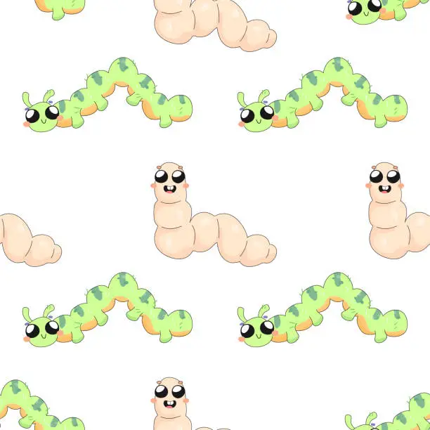 Vector illustration of Seamless pattern, caterpillar, worm, cartoon, baby. on white background for fabric, wrapping paper