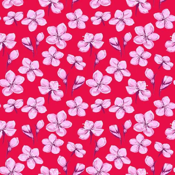 Vector illustration of Artistic abstract wild meadow floral seamless pattern. Vector hand drawn. Colorful ditsy flowers and buds printing on a red background. Template for designs, fabric, textiles