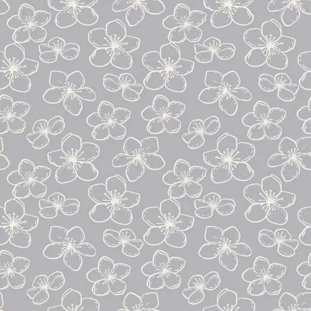 Vector illustration of Pastel light seamless pattern with monotone lines flowers. Vector hand drawn sketch outlines of flowers, shapes. Abstract simple grey ditsy floral ornament. Template for designs, fabric, textiles