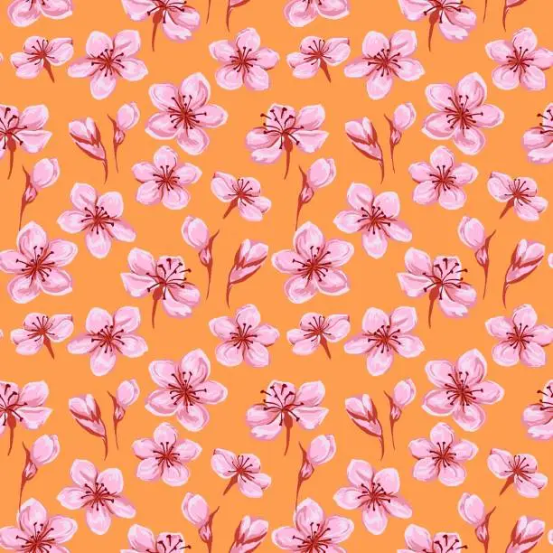 Vector illustration of Blossoms artistic abstract meadow seamless pattern. Vector hand drawn illustration. Floral ornament. Colorful ditsy flowers and buds printing on a yellow background. Template for designs, fabric